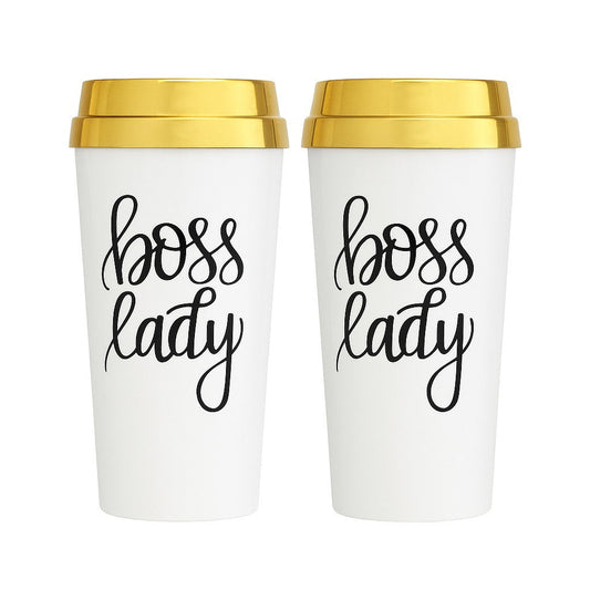 Two white travel mugs with gold lids and 'boss lady' text on a white background