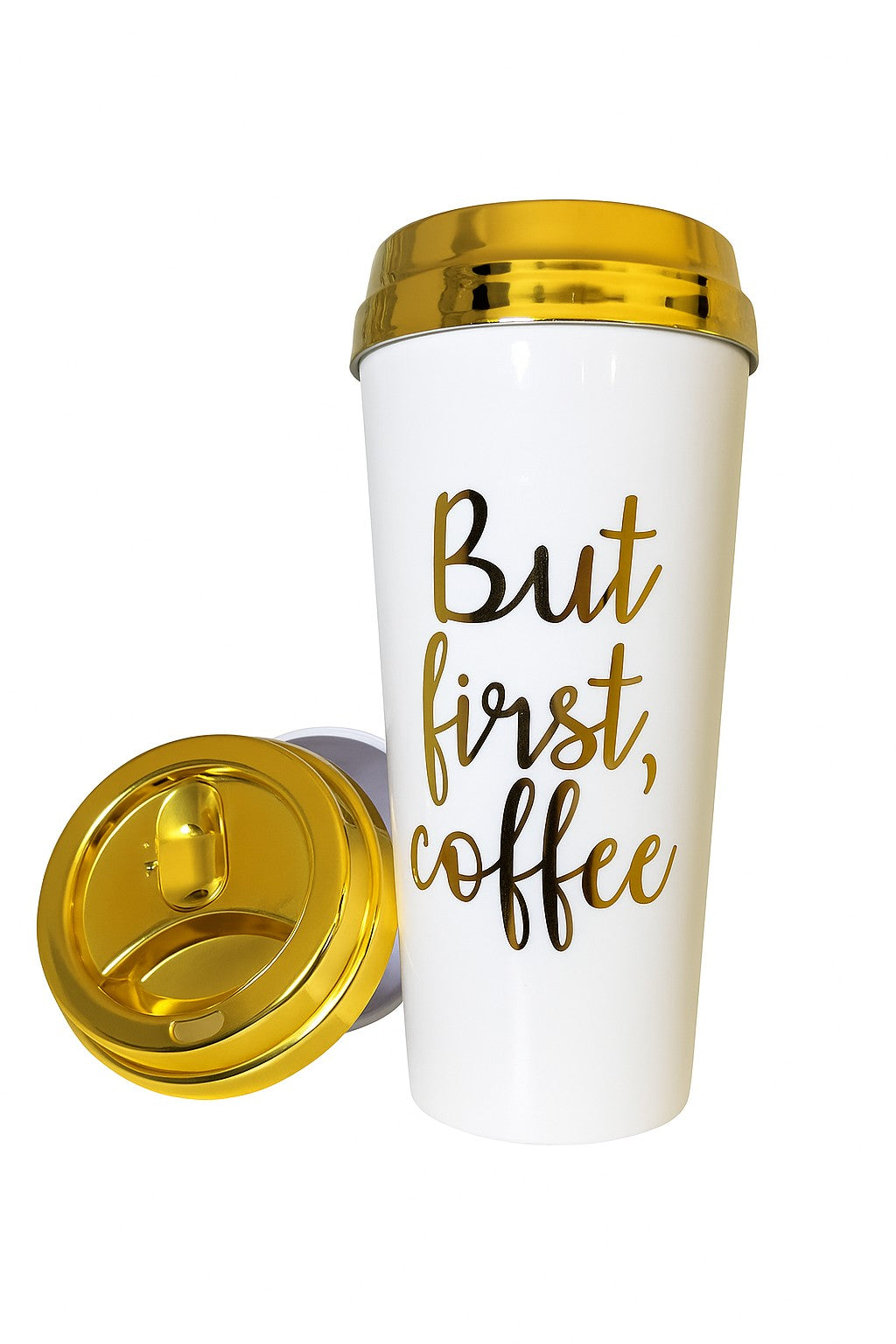White tumbler with gold lid and gold 'But first, coffee' text on a white background