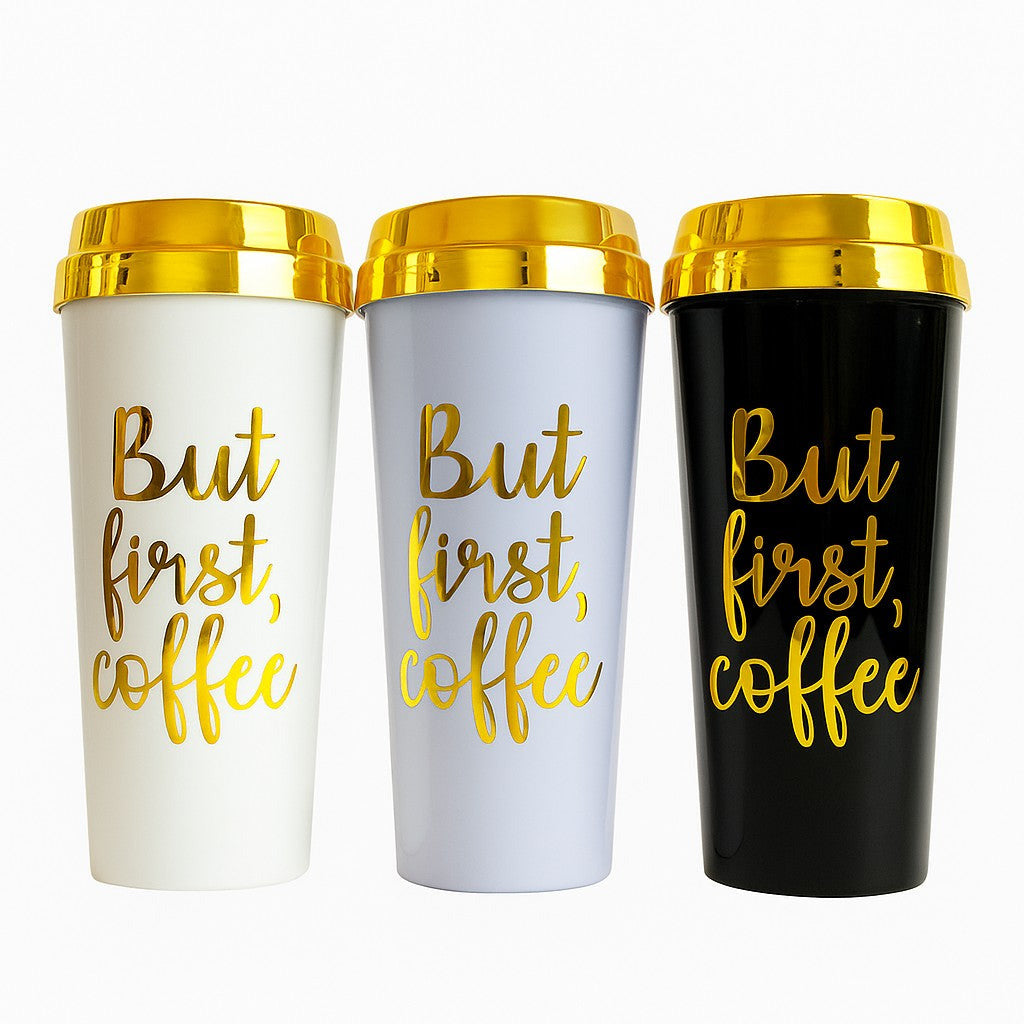 Three travel mugs with gold lids and gold 'But first, coffee' text on a white background