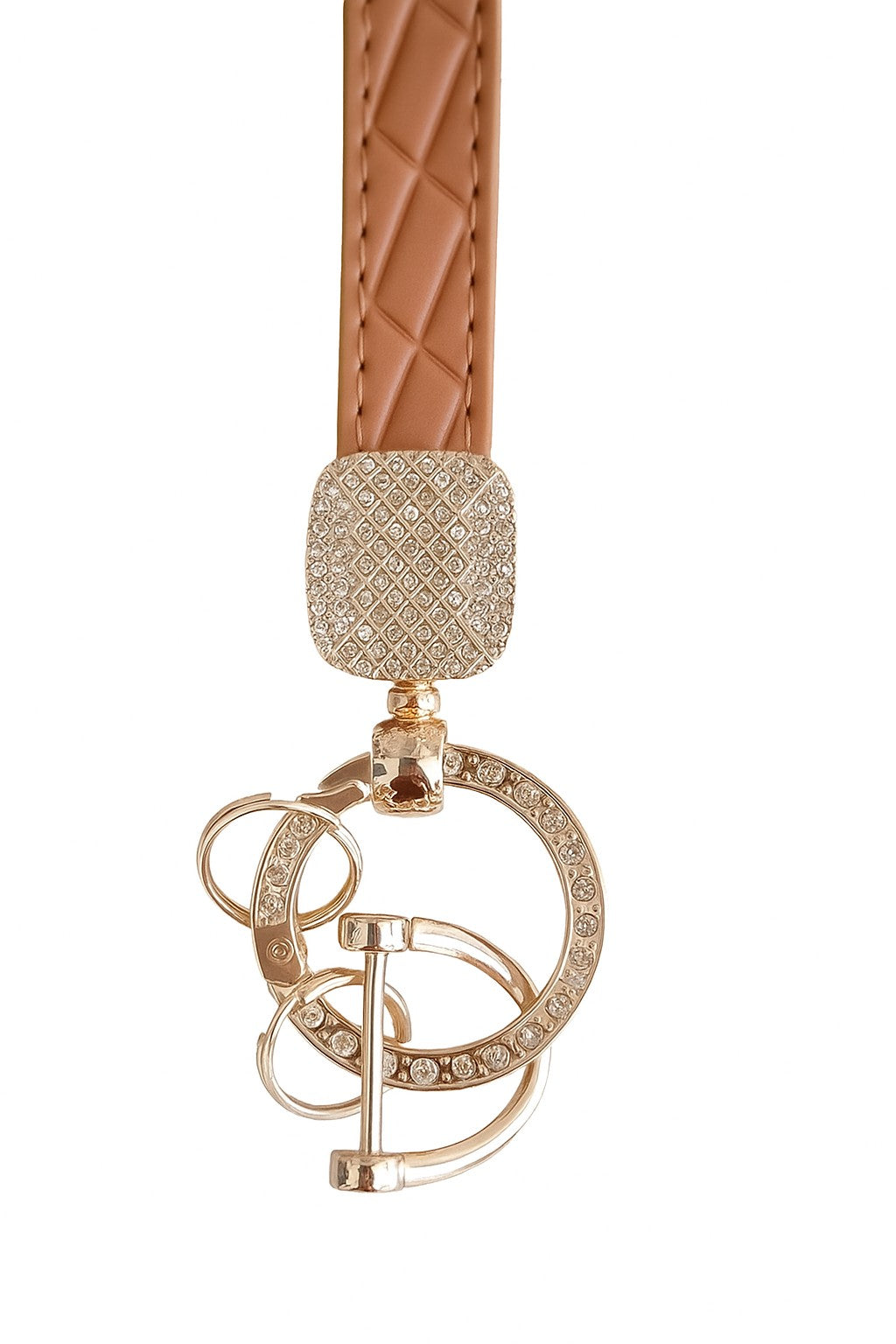 Gold carabiner keychain with brown faux leather wristlet featuring a diamond encrusted top.