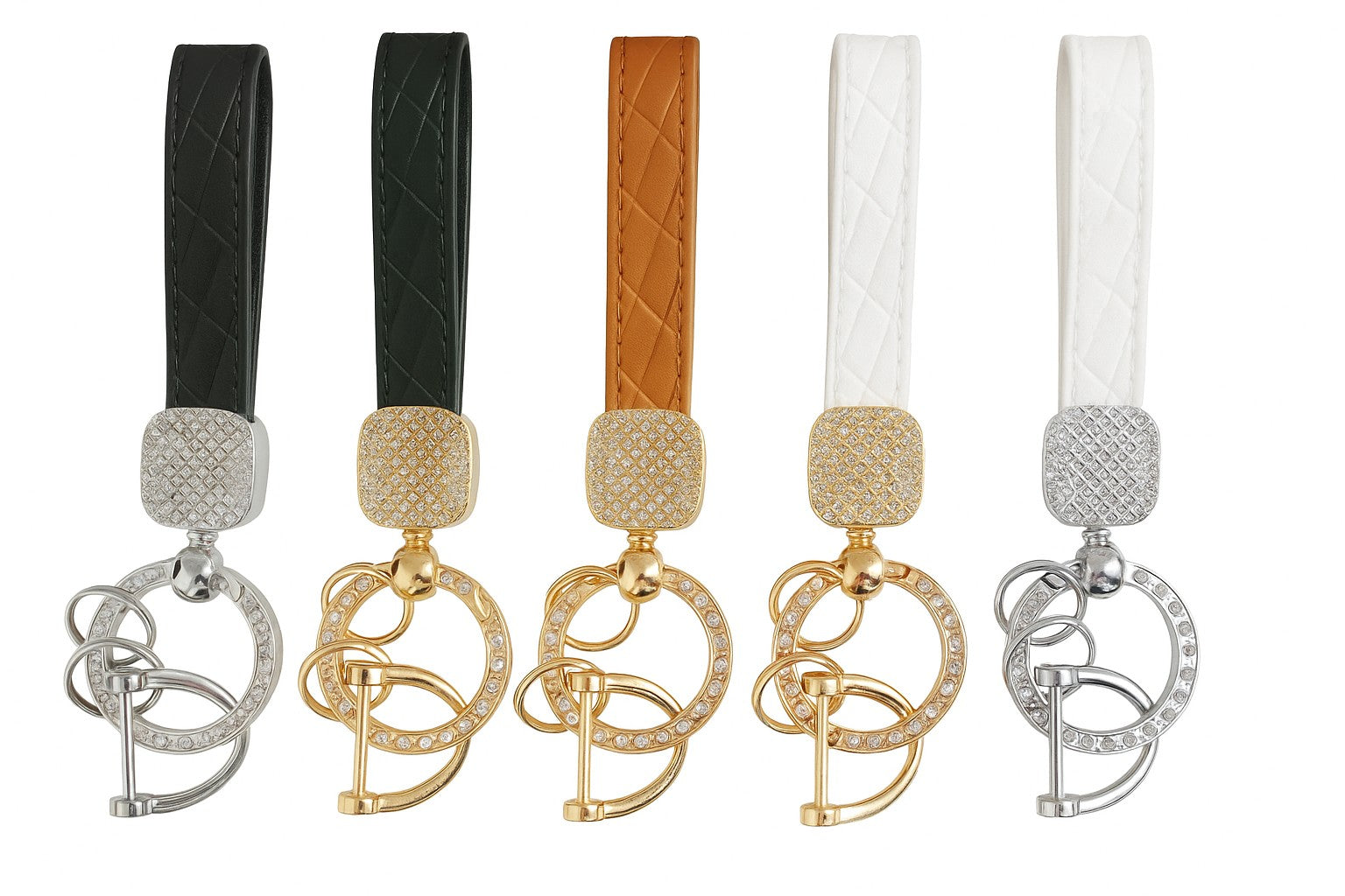 Diamond hook keychains with different color straps on a white background