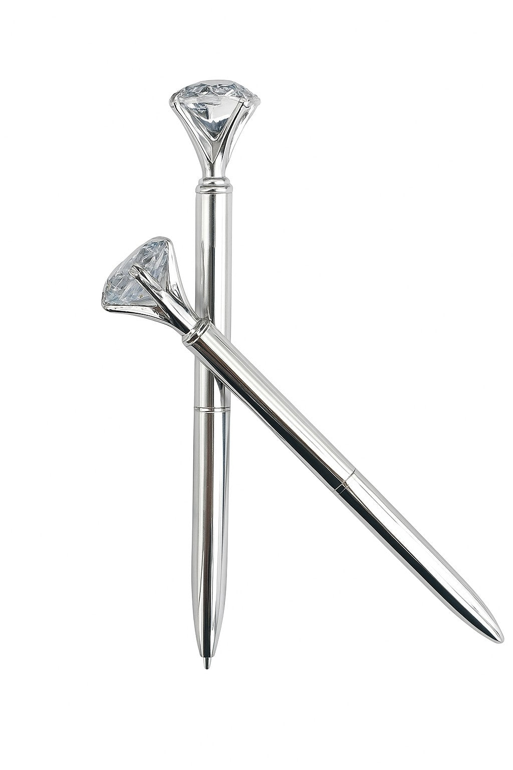 Silver pen with diamond-like tip on a white background