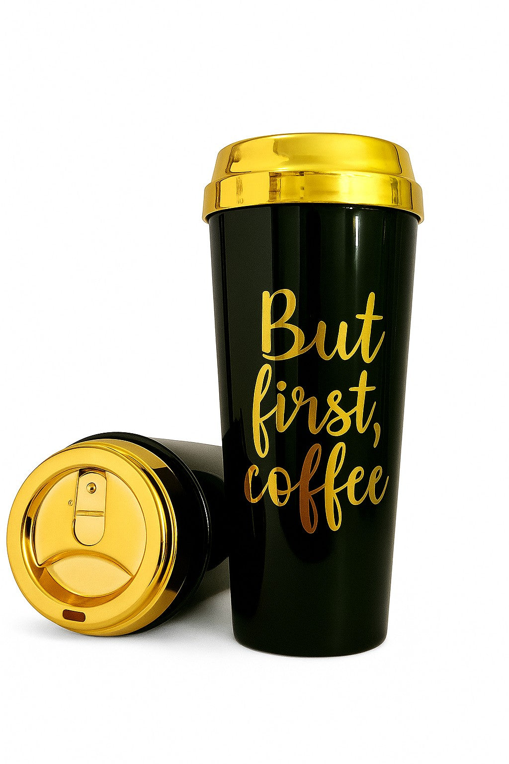 Black travel mug with gold lid and gold 'But first, coffee' text on a white background