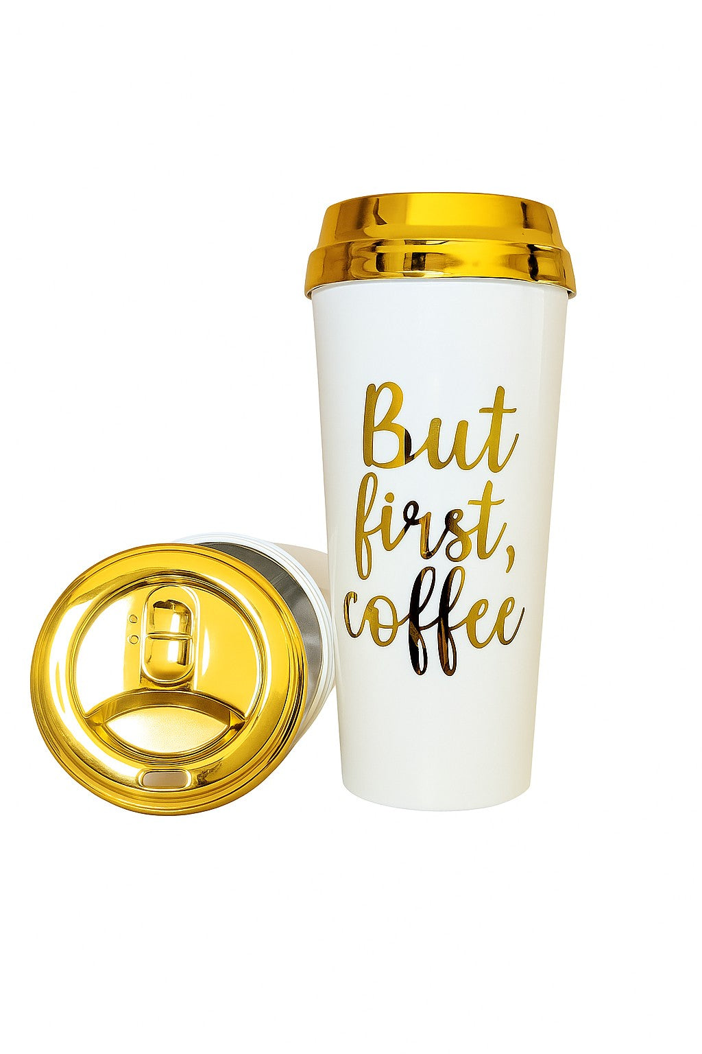 Cream travel mug with gold lid and gold 'But first, coffee' text on a white background