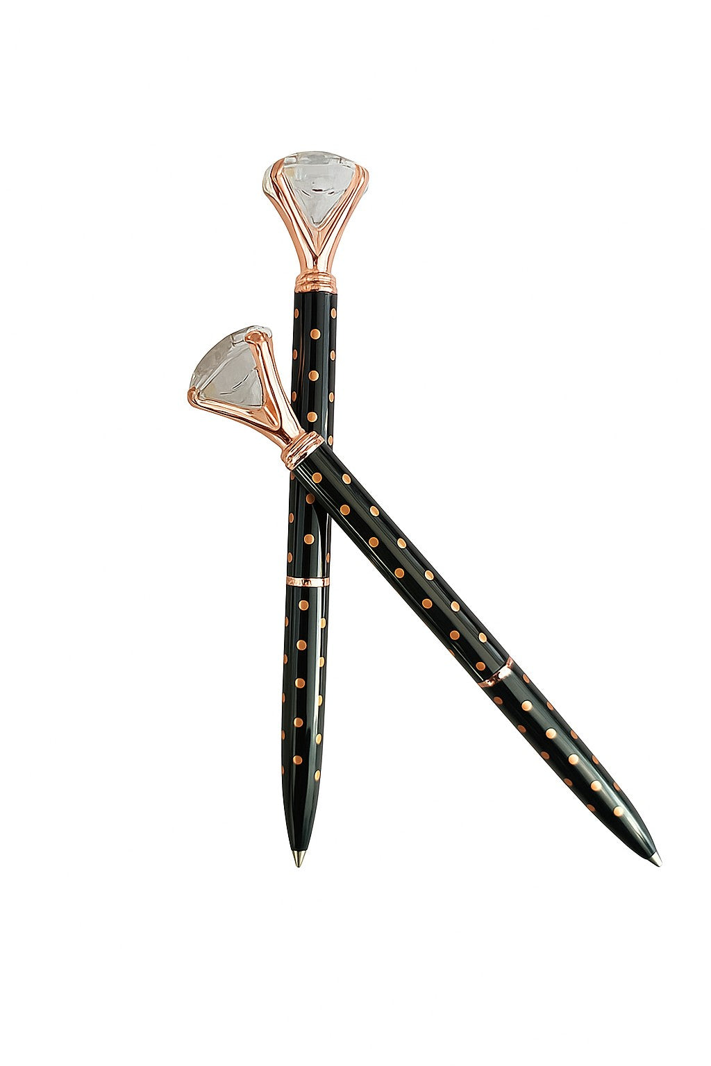 Decorative diamond pen with rose gold accents and black pattern on a white background