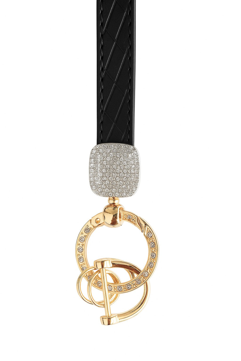 Gold carabiner keychain with black faux leather wristlet featuring a diamond encrusted top.
