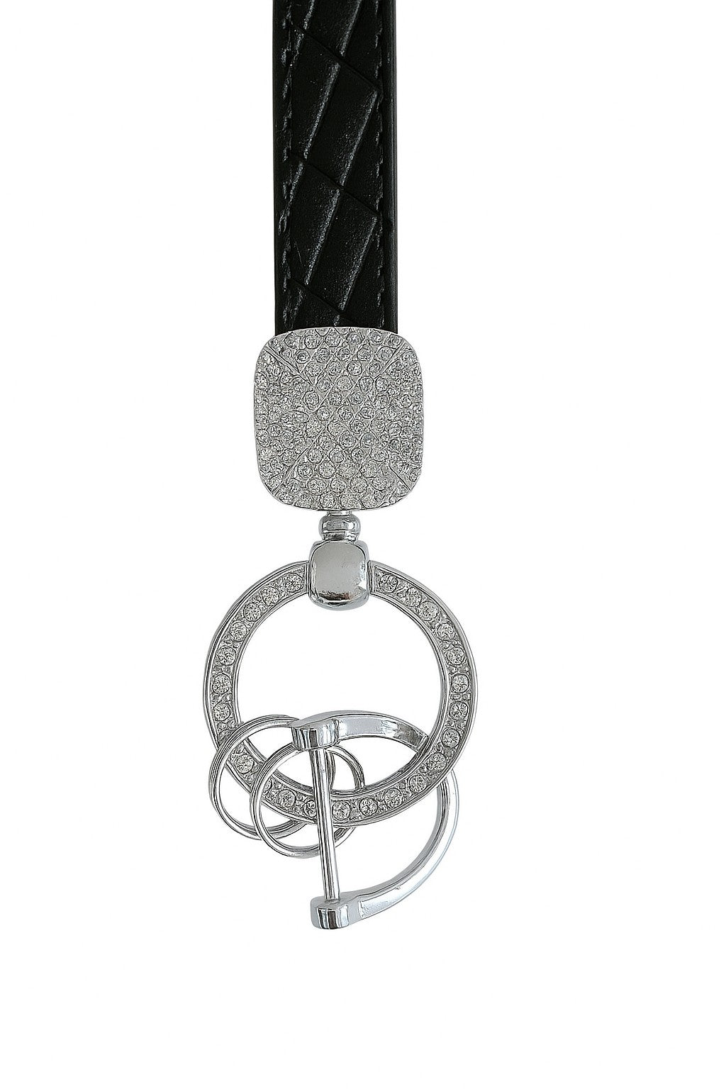 Silver carabiner keychain with black faux leather wristlet featuring a diamond encrusted top.