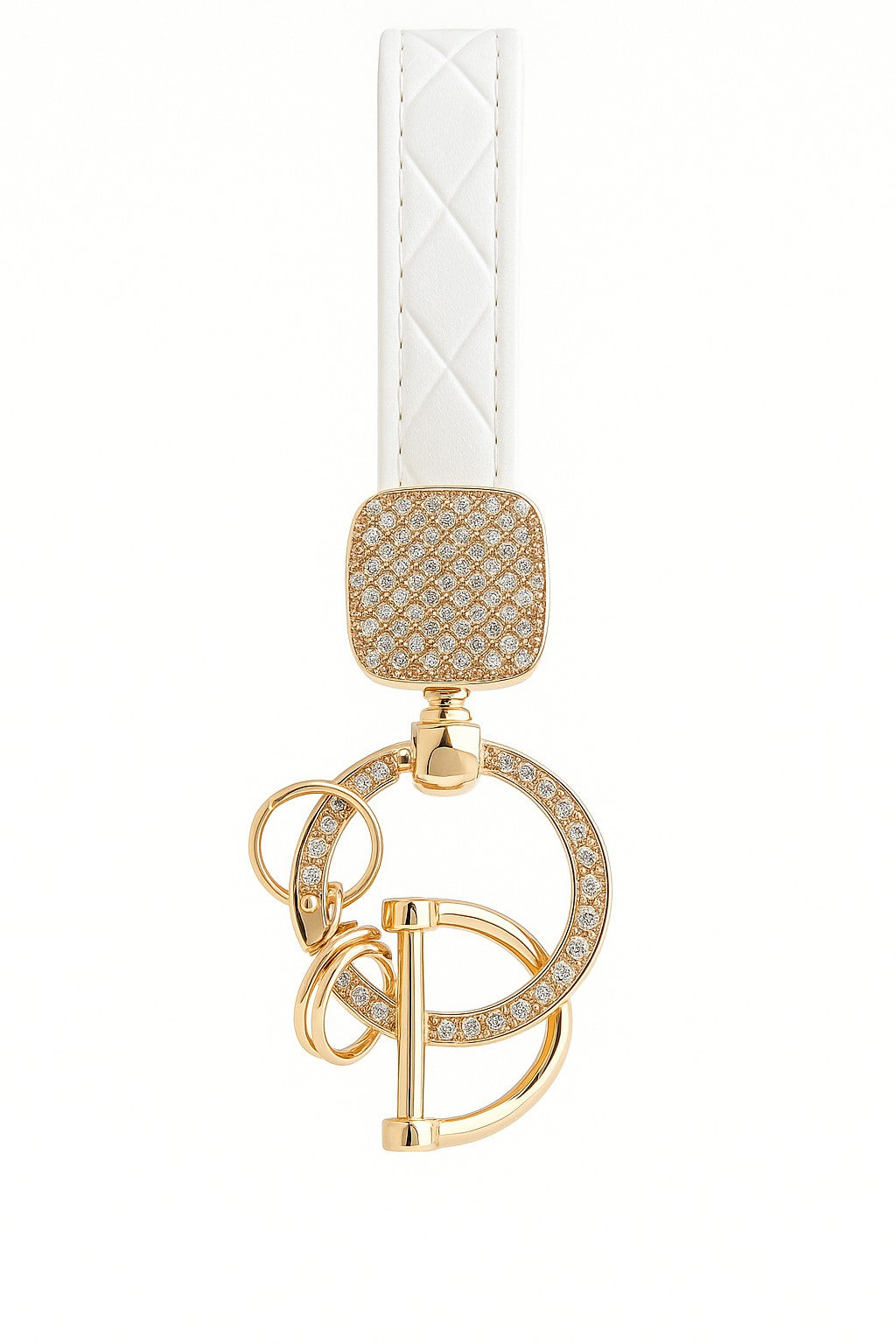 Gold carabiner keychain with white faux leather wristlet featuring a diamond encrusted top.