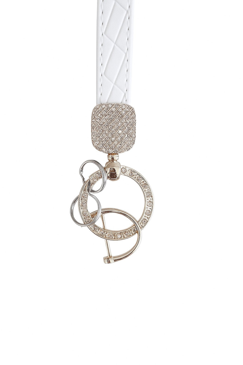 Silver carabiner keychain with white faux leather wristlet featuring a diamond encrusted top.