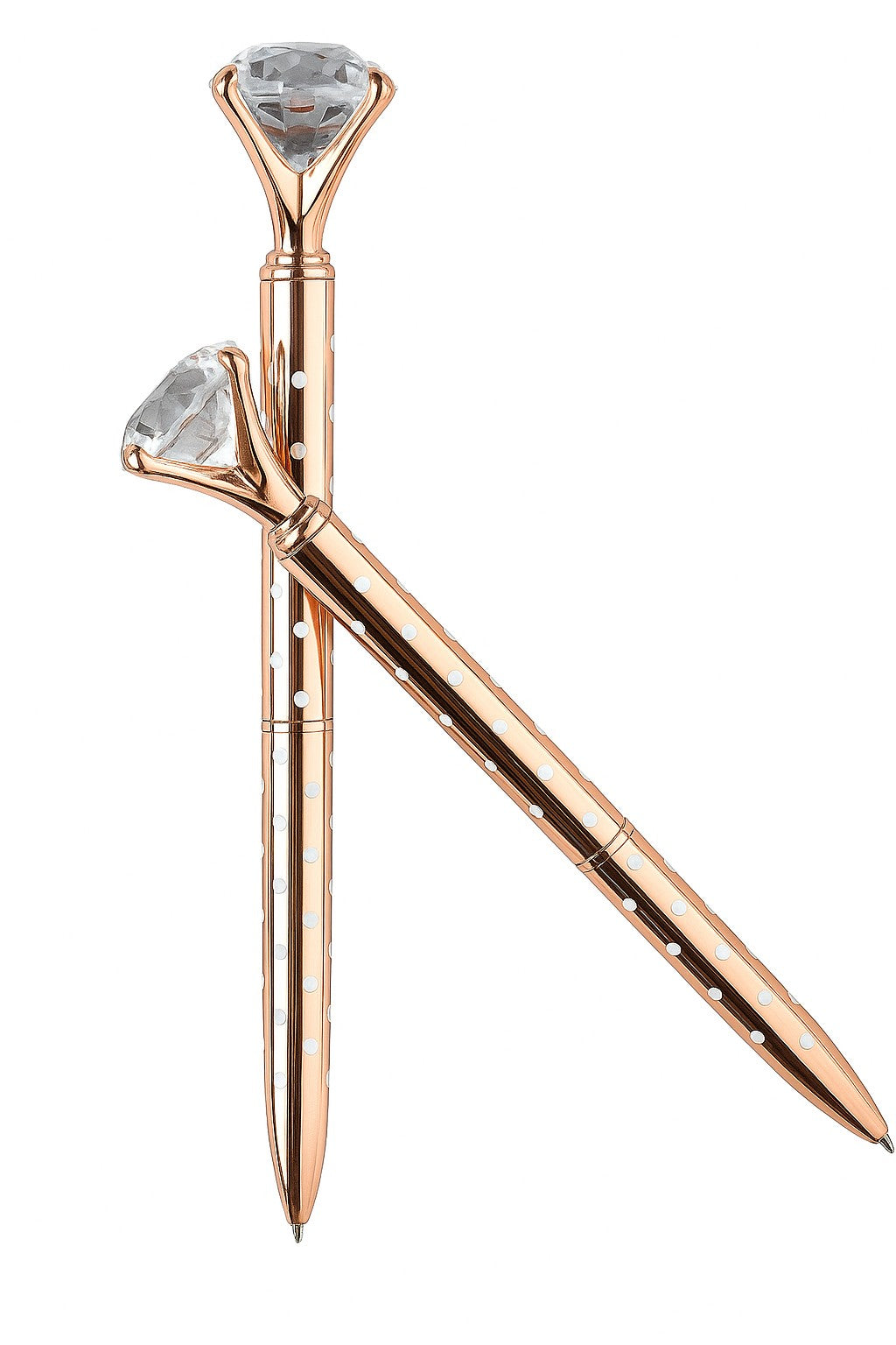 Rose gold pen with gemstone accents on a white background