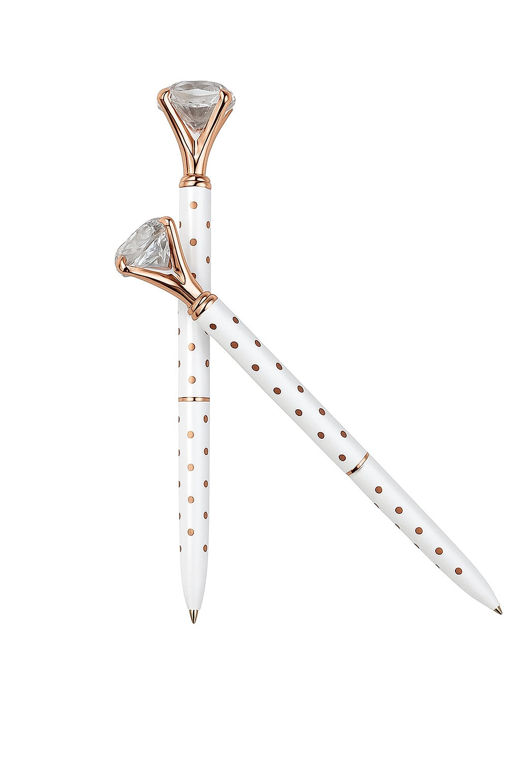 White Rose gold pen with gemstone accents on a white background