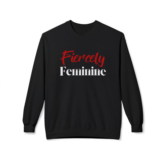 Black sweatshirt with 'Fiercely Feminine' text in red and white on a white background