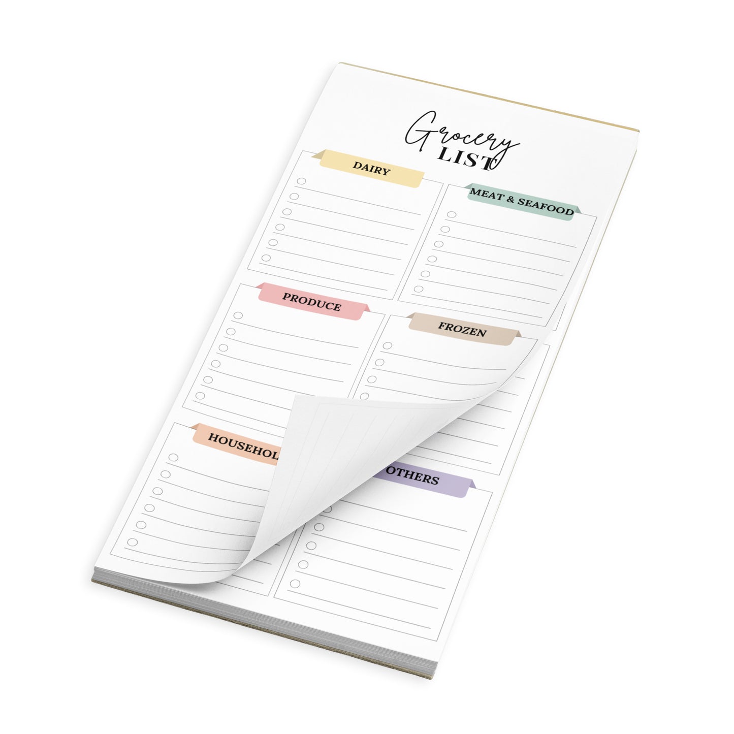 Front of a vertical magnetic grocery list notepad with minimalist design, featuring neatly labeled sections for Produce, Dairy, Frozen, Household, and other categories on a white background. Ideal for organizing shopping lists directly on the refrigerator.